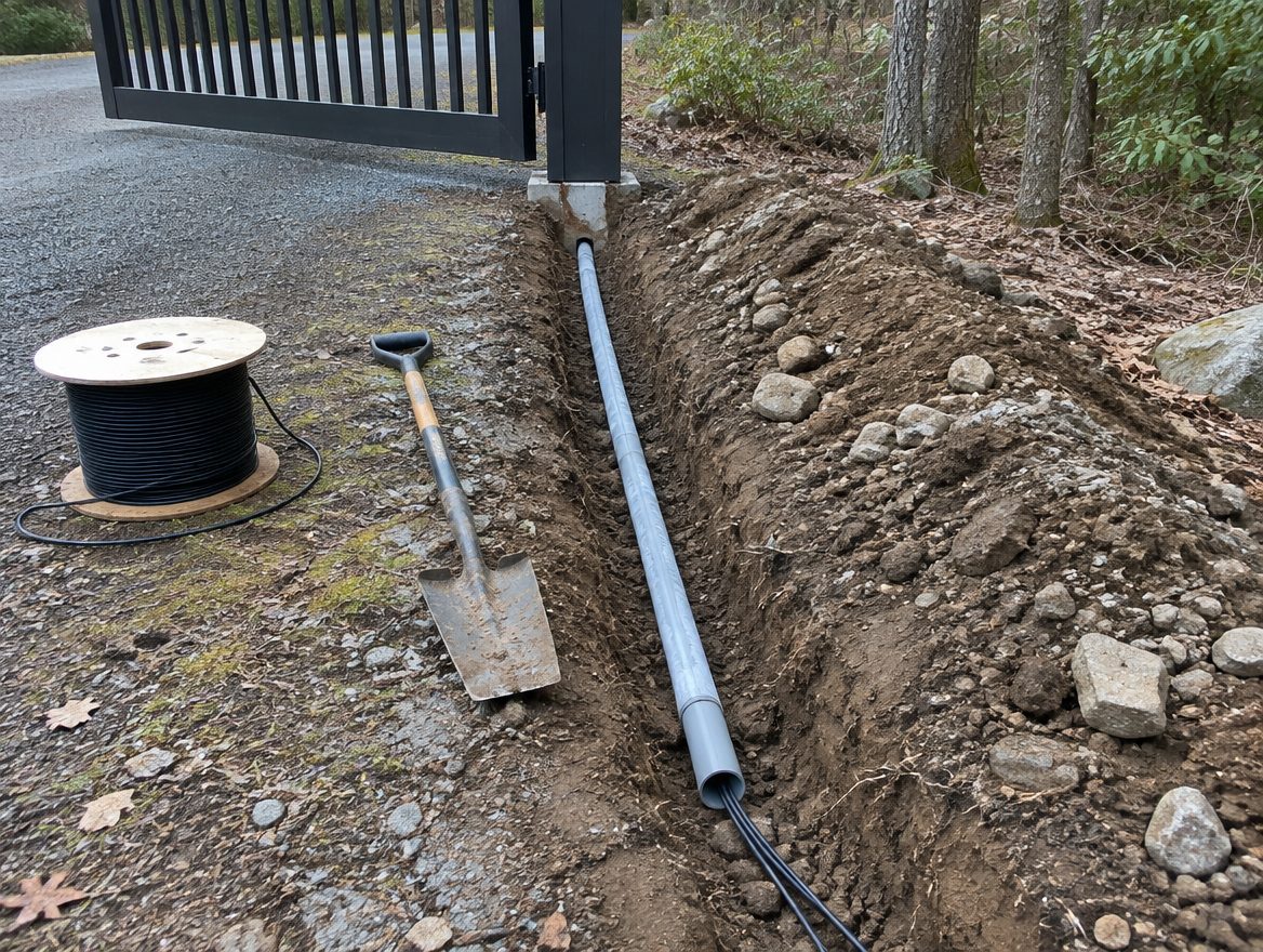 A technician running low-voltage cable through a conduit trench beside a gate post