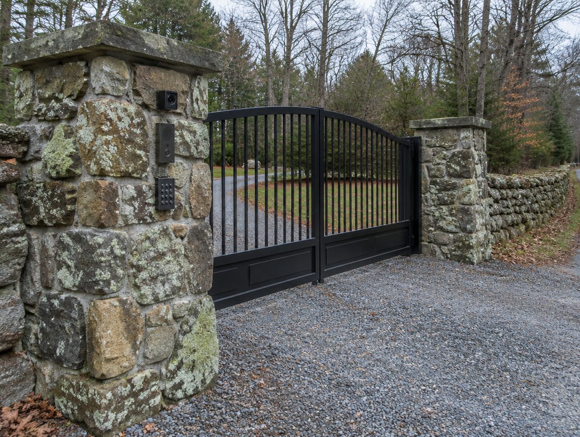 A finished driveway entrance with a stone pillar keypad, a closed double gate and a camera above the intercom
