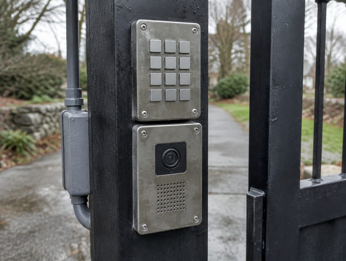 A gate post with a surface-mounted keypad and a video intercom station beside a closed driveway gate
