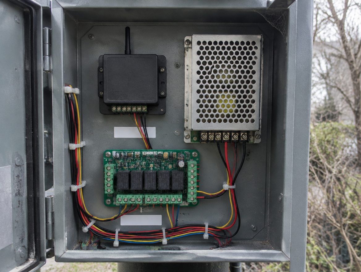 A gate operator cabinet open with a receiver, a power supply and a relay board labeled for the keypad