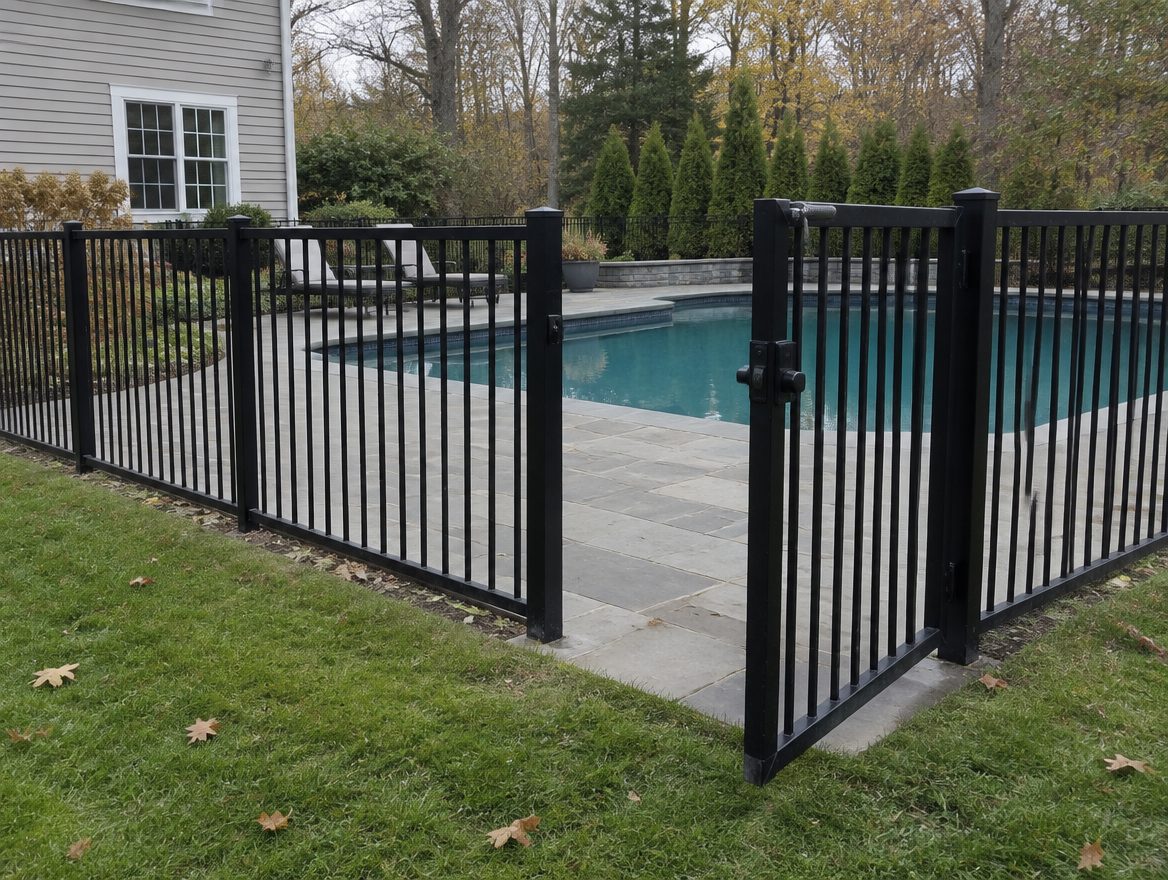 A finished aluminum pool fence with a self-closing gate swinging outward, away from the pool