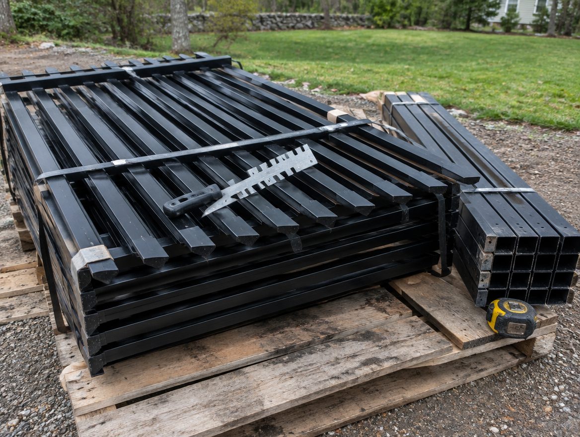 Aluminum picket panels and line posts on a pallet with a spacing gauge resting across the pickets