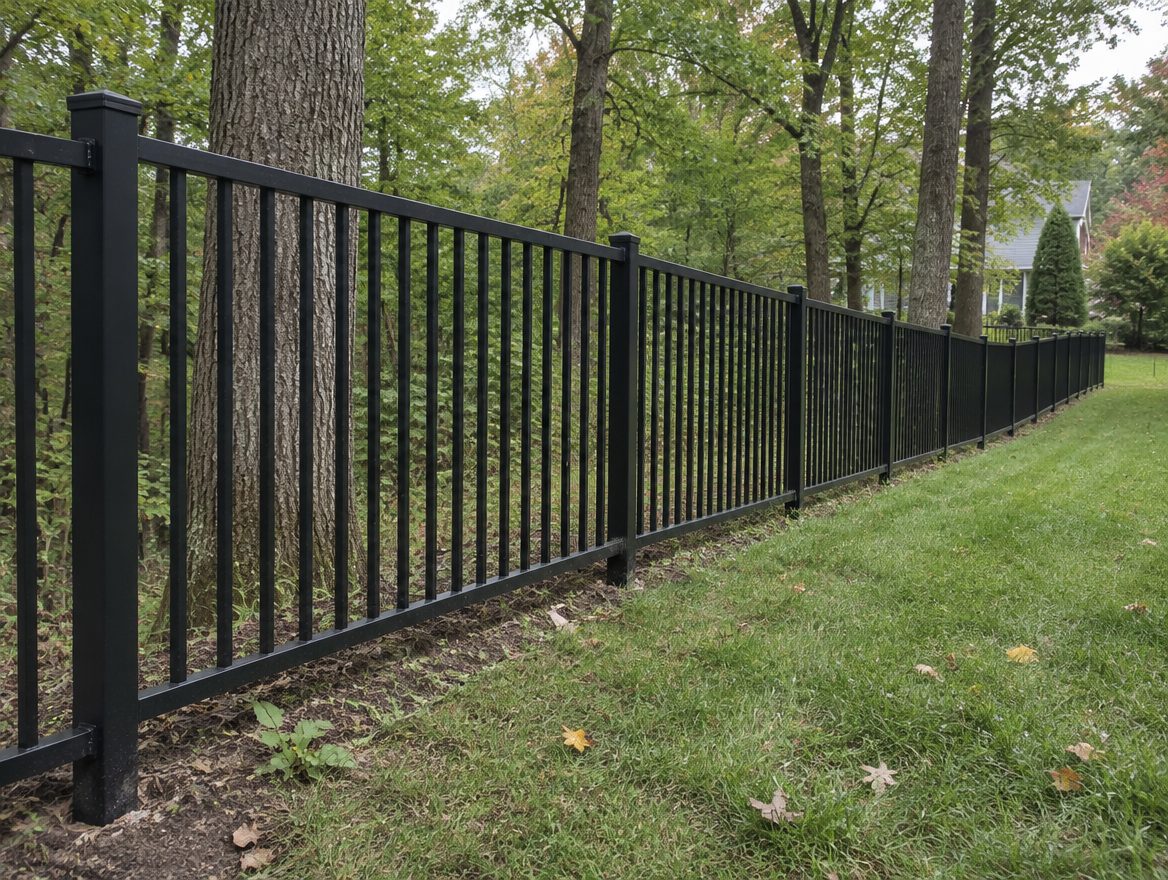 Aluminum panels racked down a gentle slope between posts with the pickets staying vertical