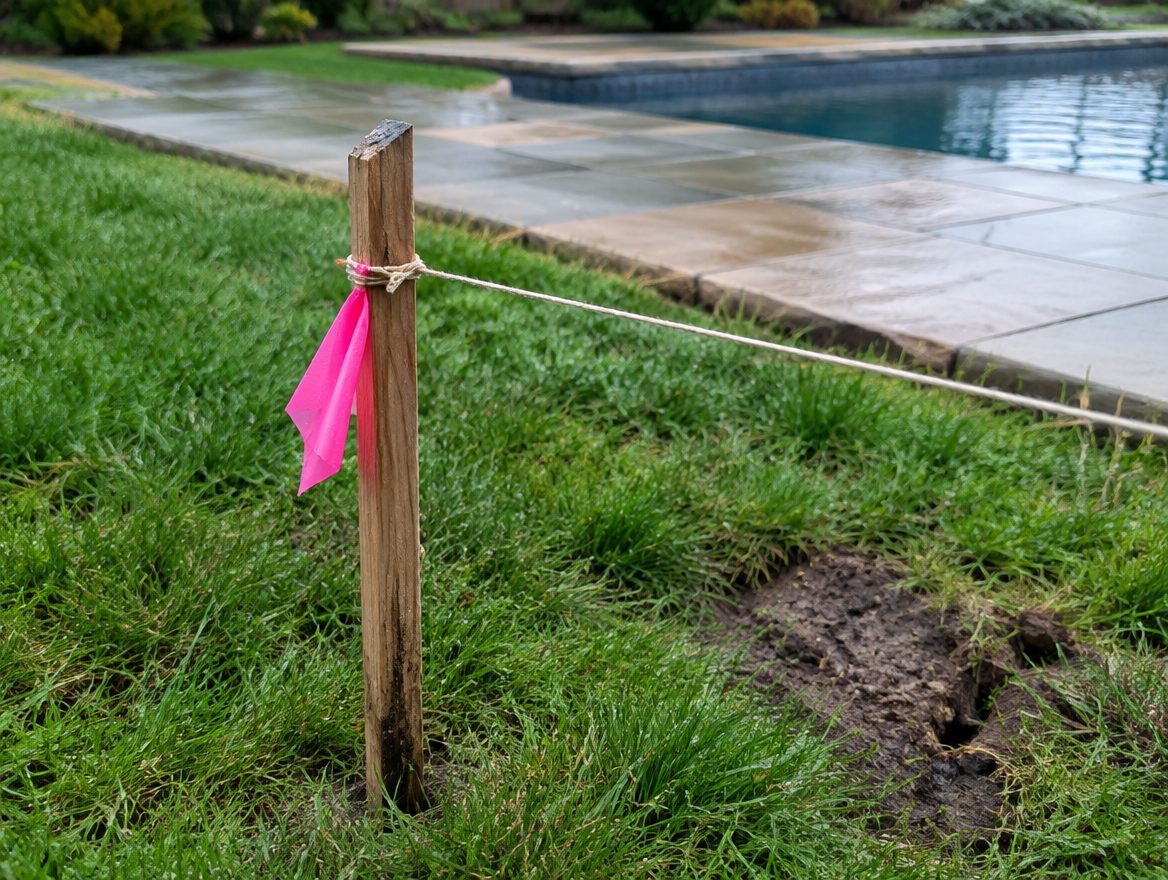 Wood stakes and string marking a fence line on a sloped lot between a house and a pool deck