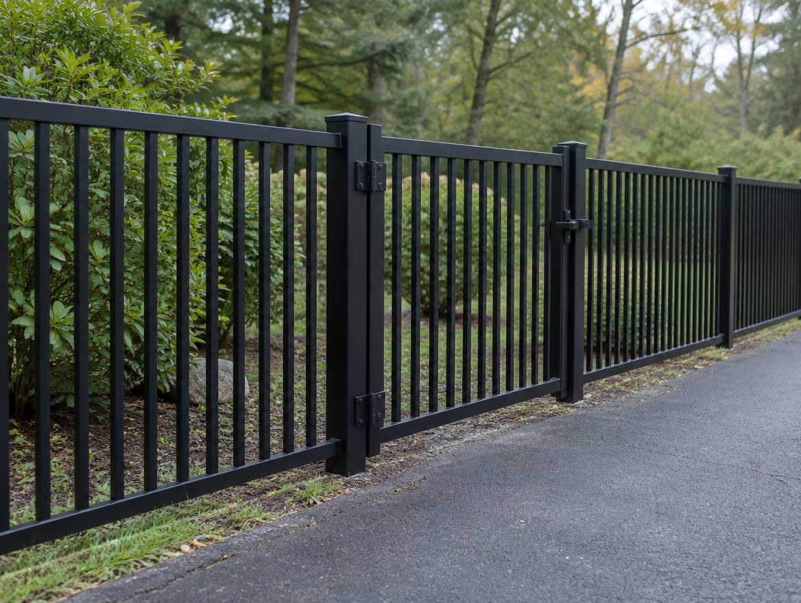 Black aluminum fence with a matching gate beside a paved driveway