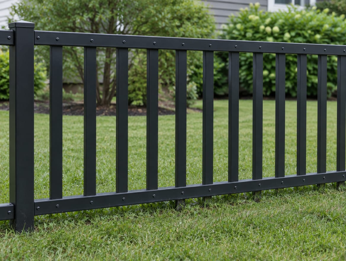 Aluminum fence section with 5/8-inch square pickets between two rails