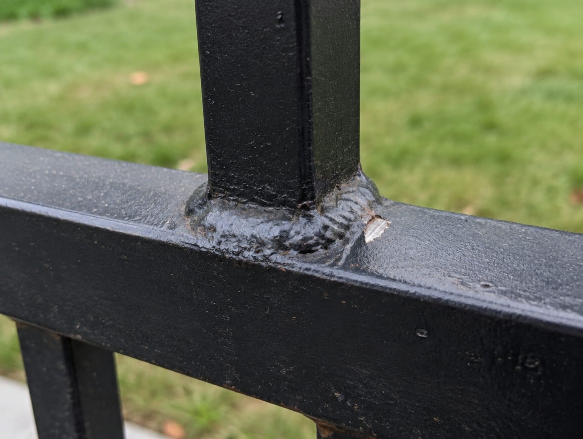 Black ornamental fence with welded joints between the rails and pickets