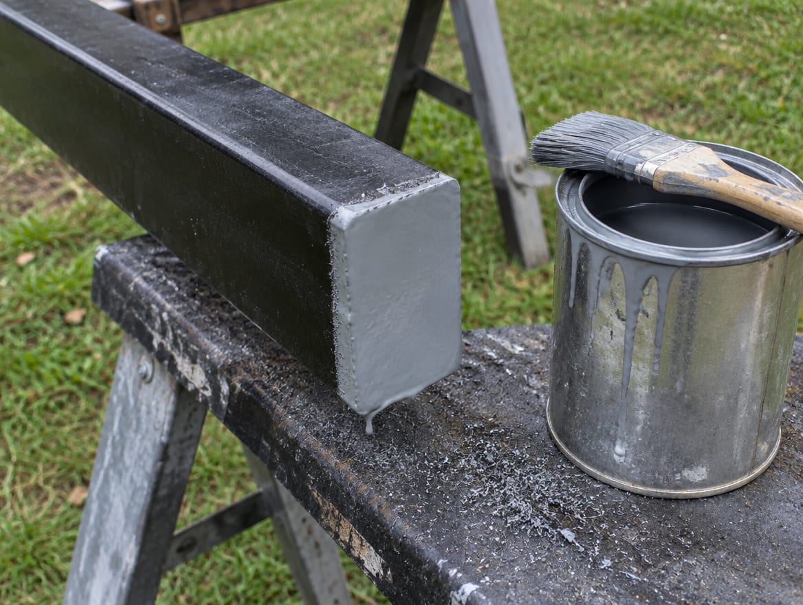 Installer brushing zinc-rich primer onto a freshly cut end of a steel fence rail