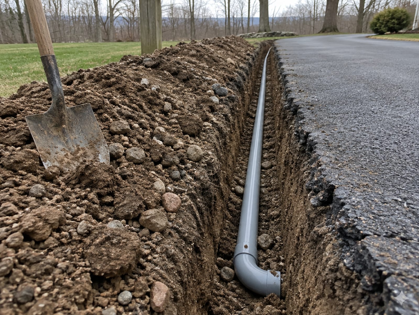Narrow trench cut along the edge of a driveway with gray PVC conduit laid in the bottom