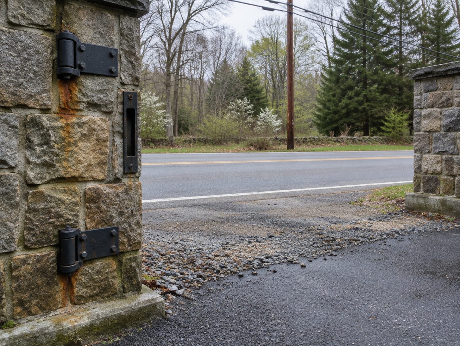 Residential driveway opening between two masonry piers with no gate hung yet