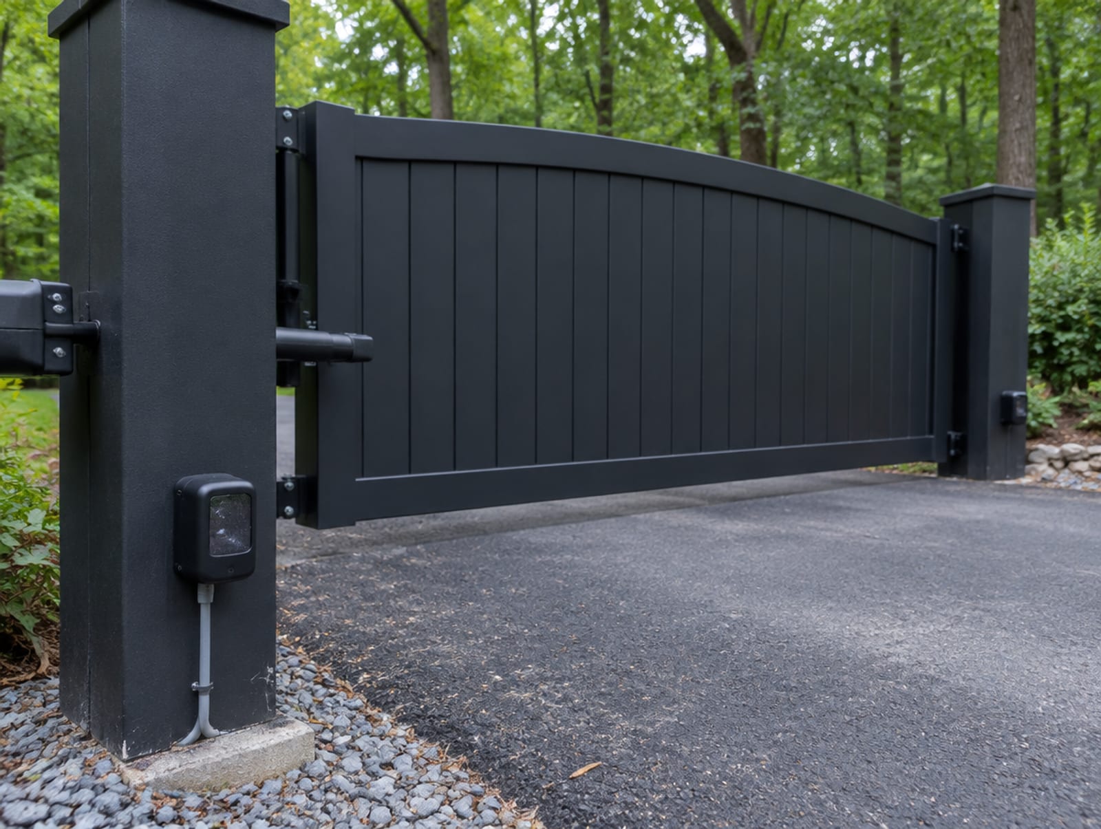 Closed automatic swing gate at the end of a driveway with a photo eye mounted low on the gate post