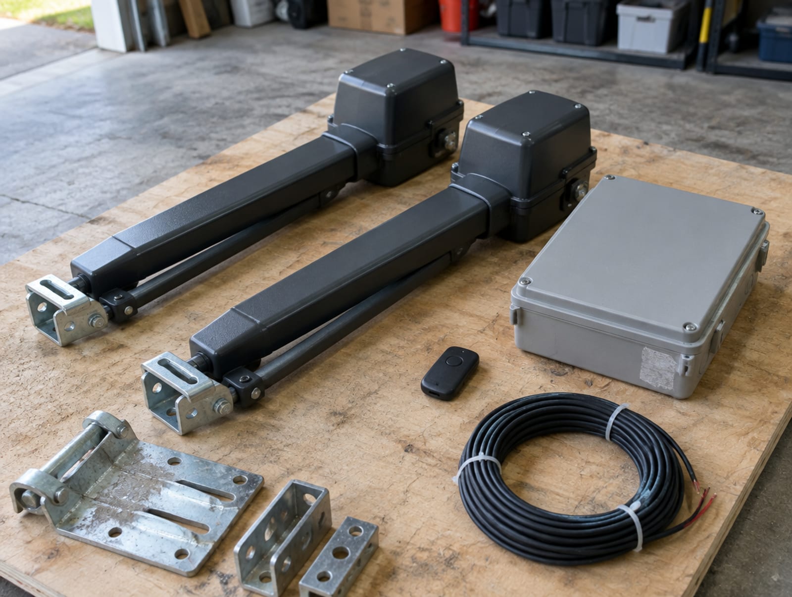 Dual swing gate operator kit laid out with two arm motors, a control box and a remote