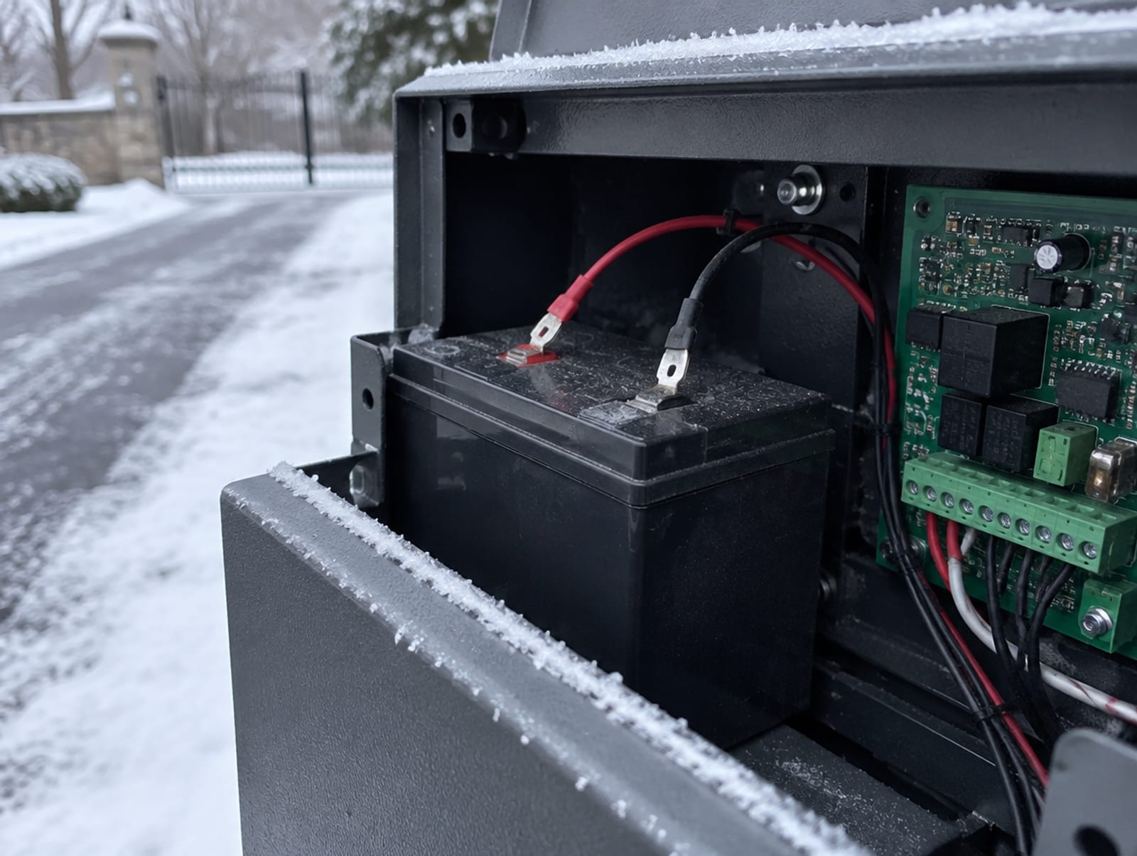 Opened operator cover showing a 12-volt sealed backup battery beside the control board