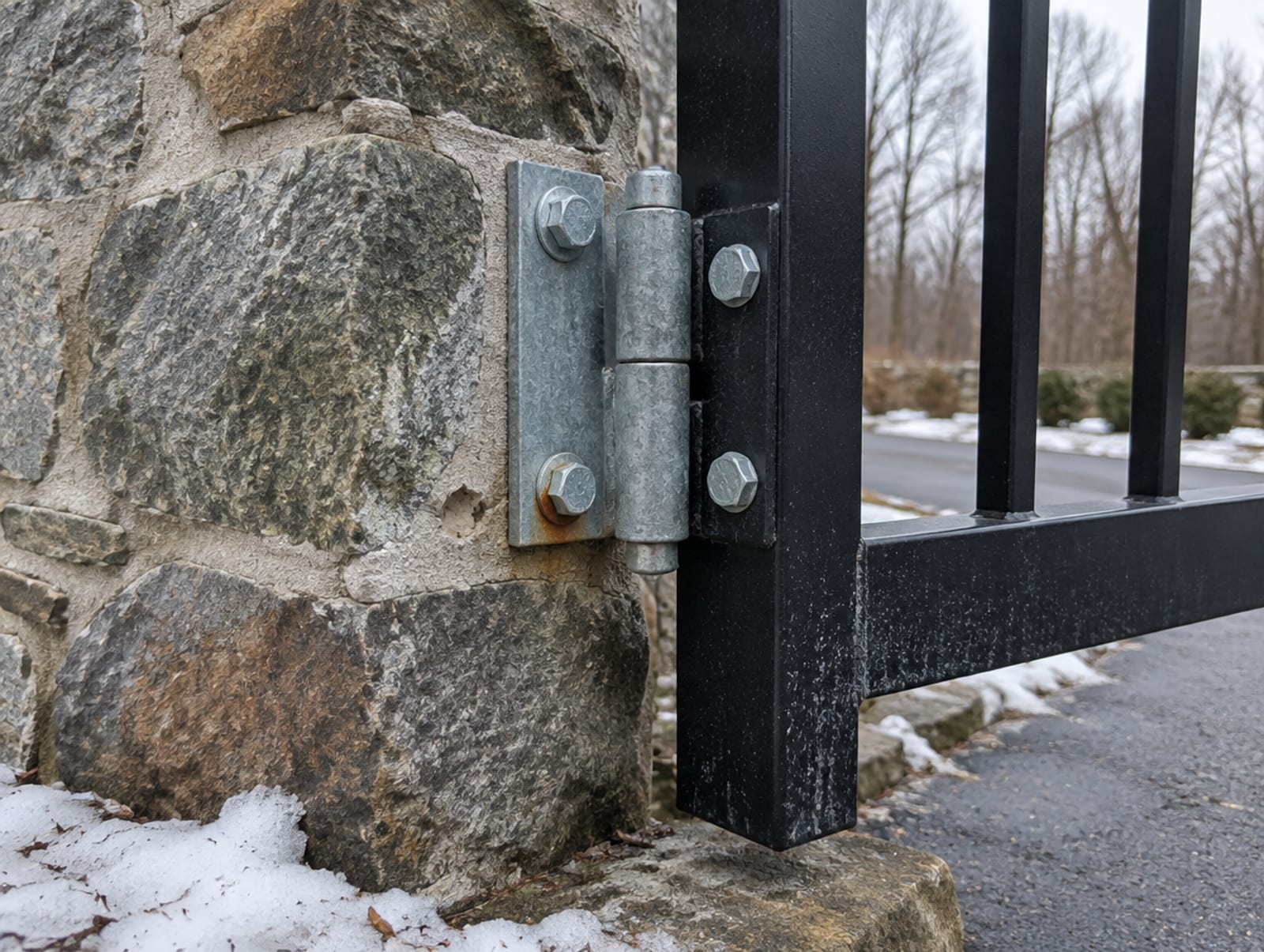 Black powder-coated steel gate frame with galvanized hinges and bolts on a stone pier