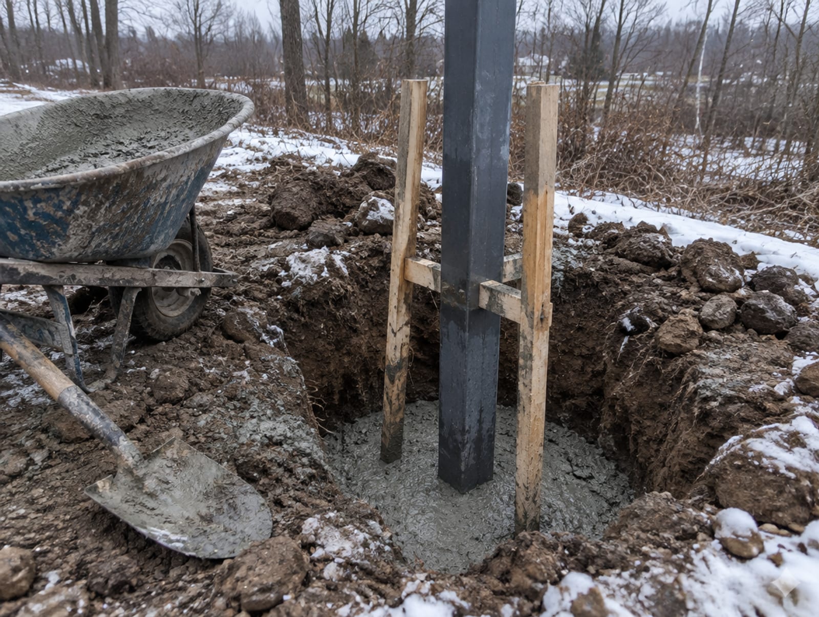 Gate post standing in a dug hole with concrete being poured around it