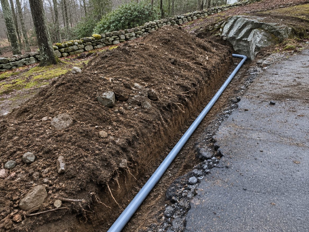A narrow trench cut across a driveway edge with conduit laid in it and a ledge outcrop exposed at one end