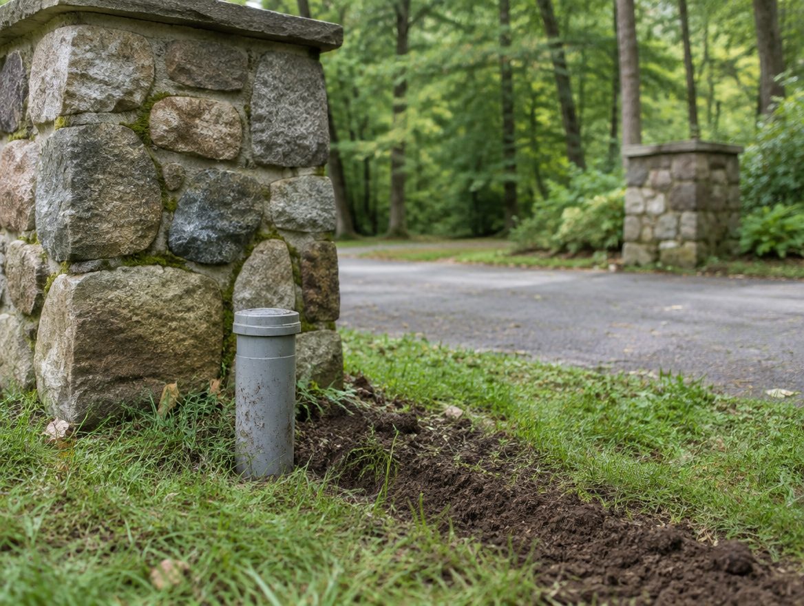 A residential driveway opening between two stone piers with a conduit stub in the grass and no gate hung yet