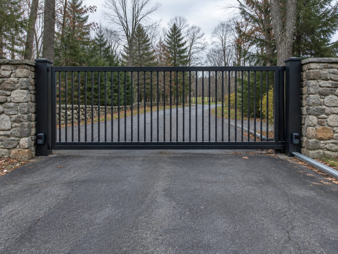 A finished sliding driveway gate closed across a paved drive with photo eyes mounted on the posts