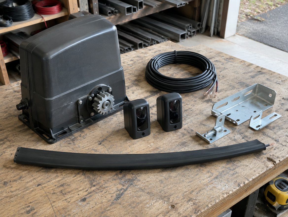 Gate operator, monitored photo eyes and a sensing edge laid out on a workbench before installation