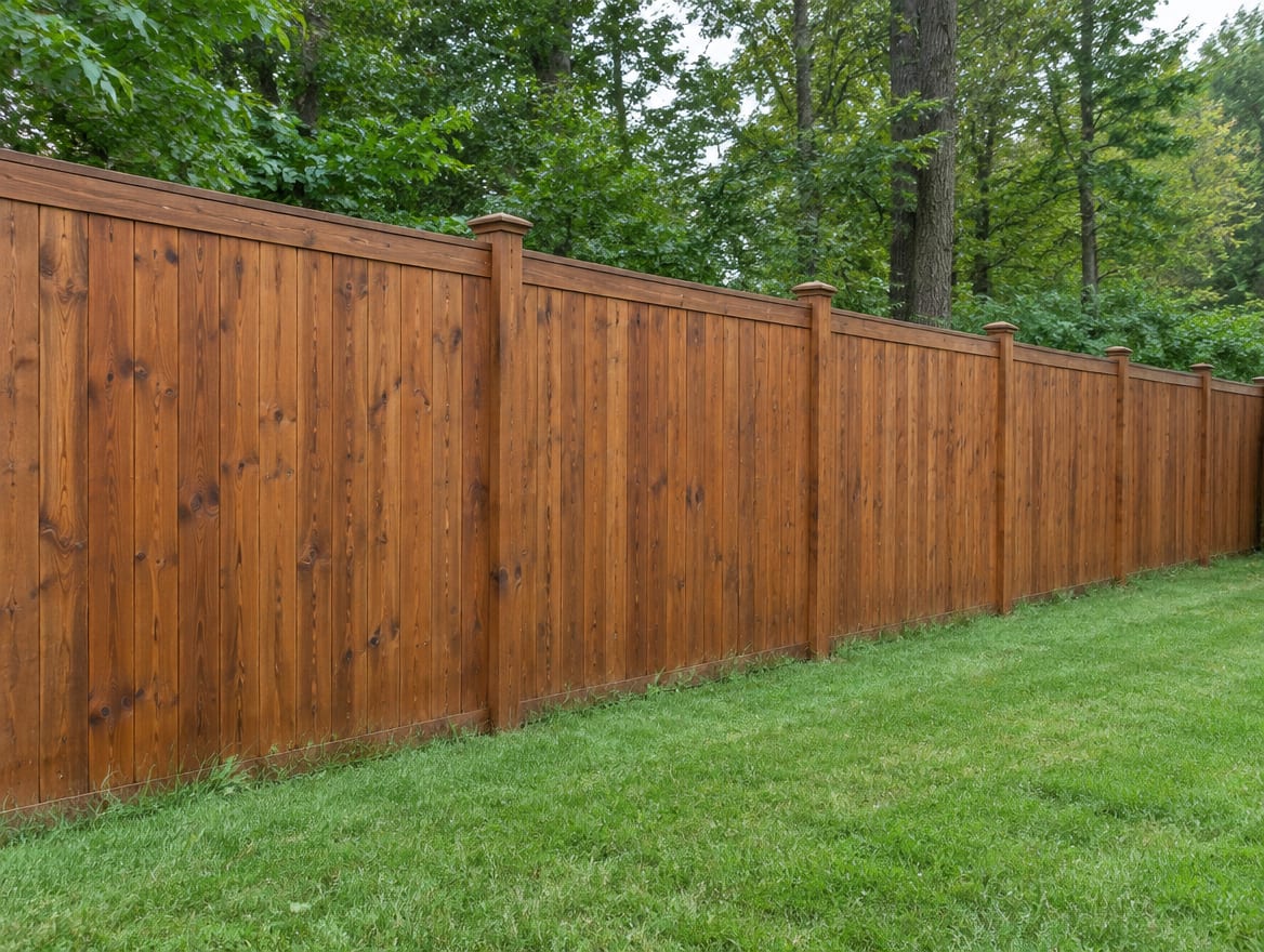 Finished six-foot stained cedar privacy fence along the back of a yard