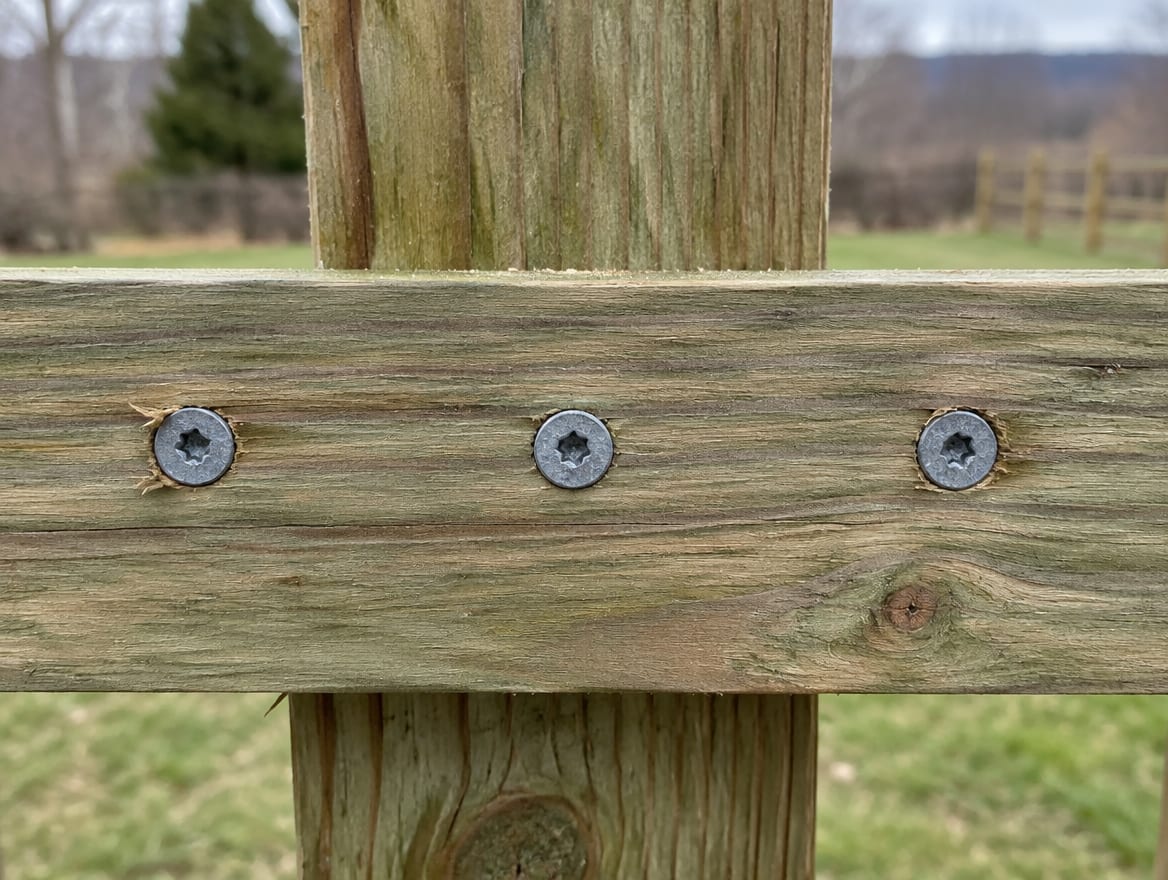 Hot-dipped galvanized screws driven through a pressure-treated rail into a post
