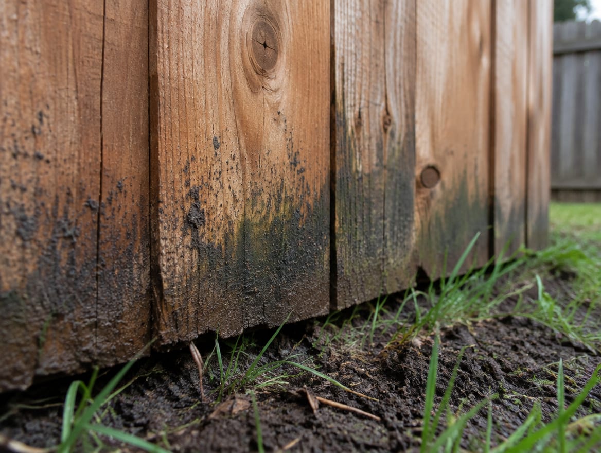 Gray weathered cedar fence boards with dark staining along the bottom edge near the soil