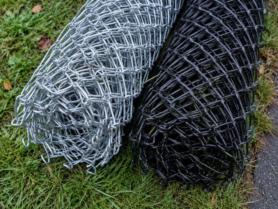 A roll of galvanized chain link fabric beside a roll of black vinyl-coated fabric
