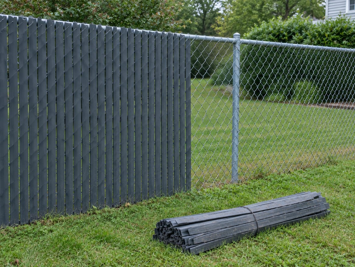 Installer threading privacy slats into the diamonds of an existing chain link fence