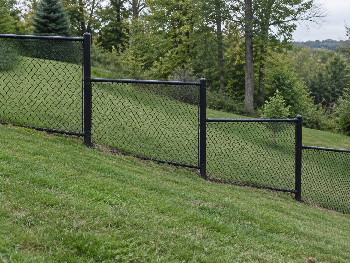 Chain link fence stepping down a sloped yard in separate sections
