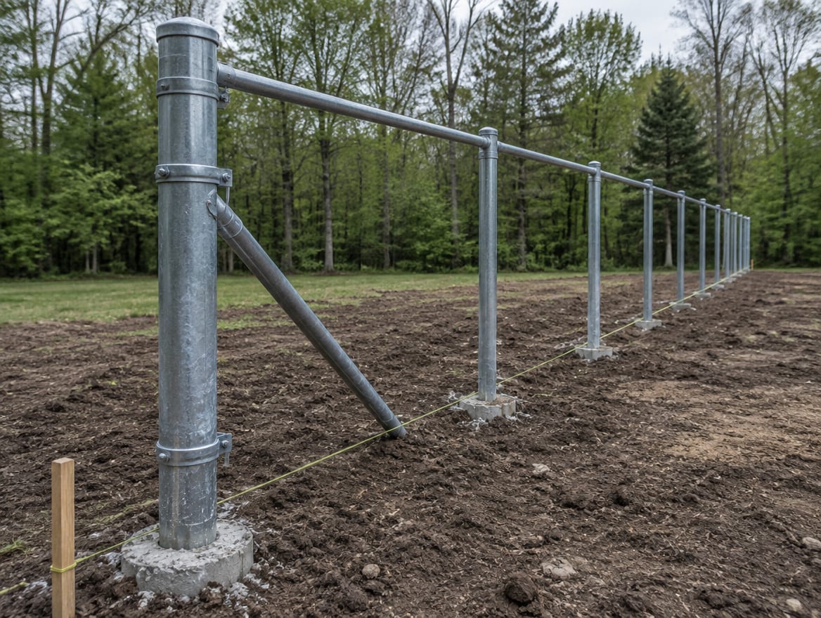 Chain link terminal post, line posts and top rail standing before the fabric is hung