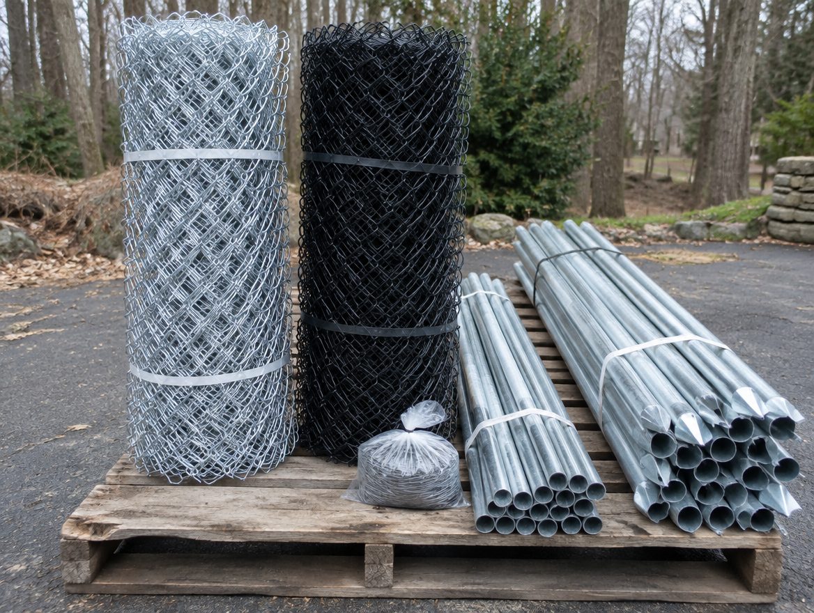 Rolls of galvanized and black vinyl-coated chain-link fabric beside terminal posts and rails on a pallet