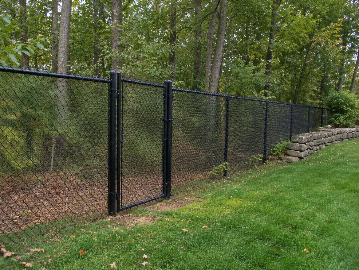 A finished 6-foot black vinyl-coated chain link fence with a walk gate along a wooded back yard