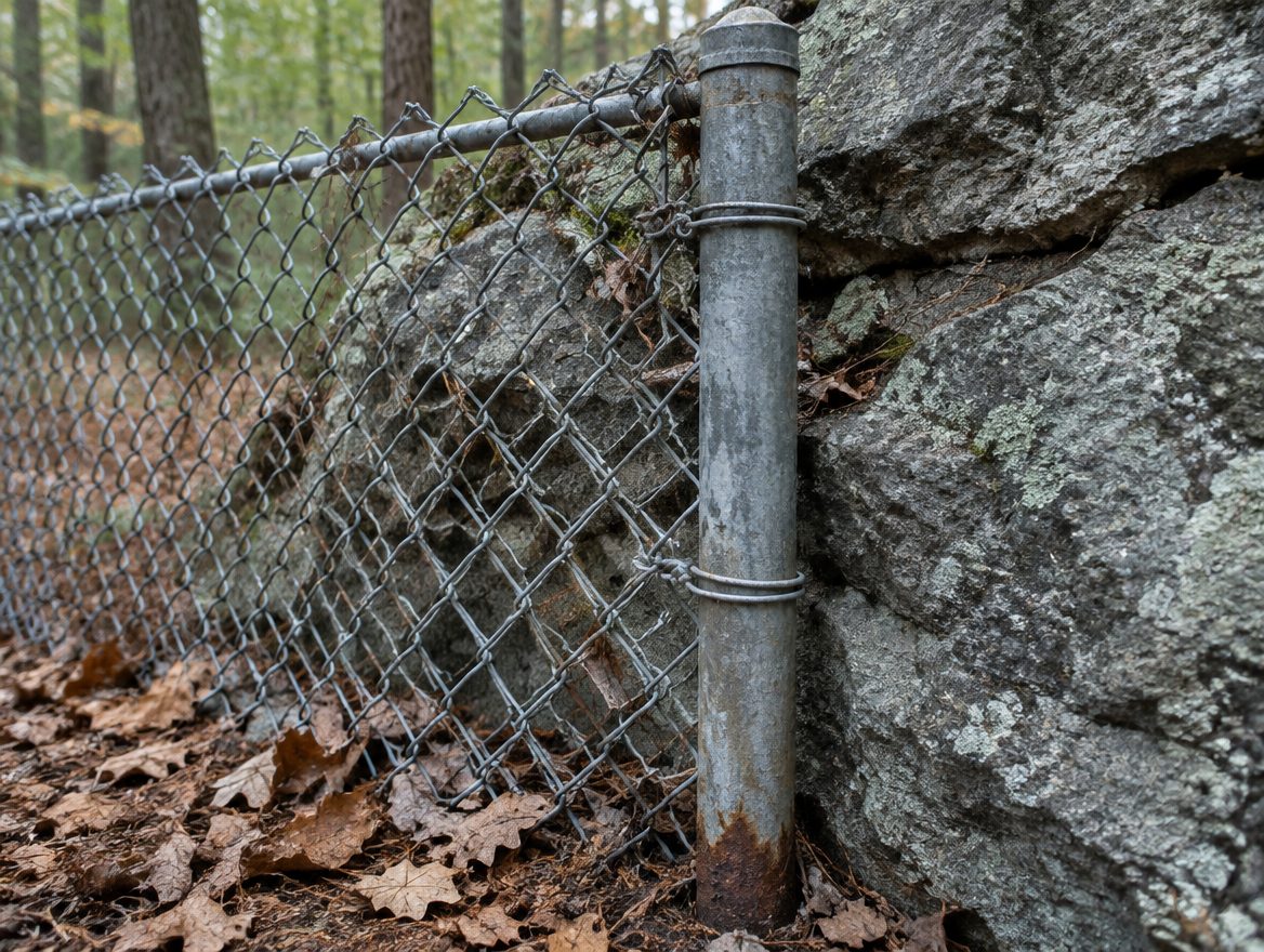 An older galvanized chain link fence running along a wooded lot line with a rock outcrop beside it