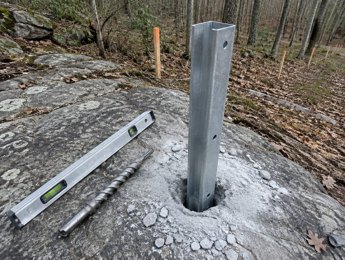 A terminal post standing in a drilled hole in ledge with the drill bit and a level beside it