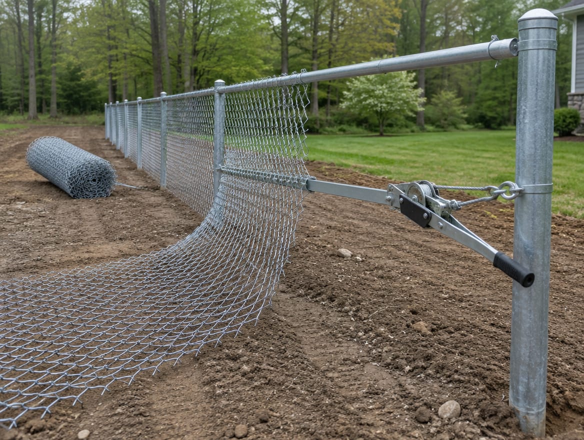 Installer stretching chain link fabric along a fence line on a graded yard