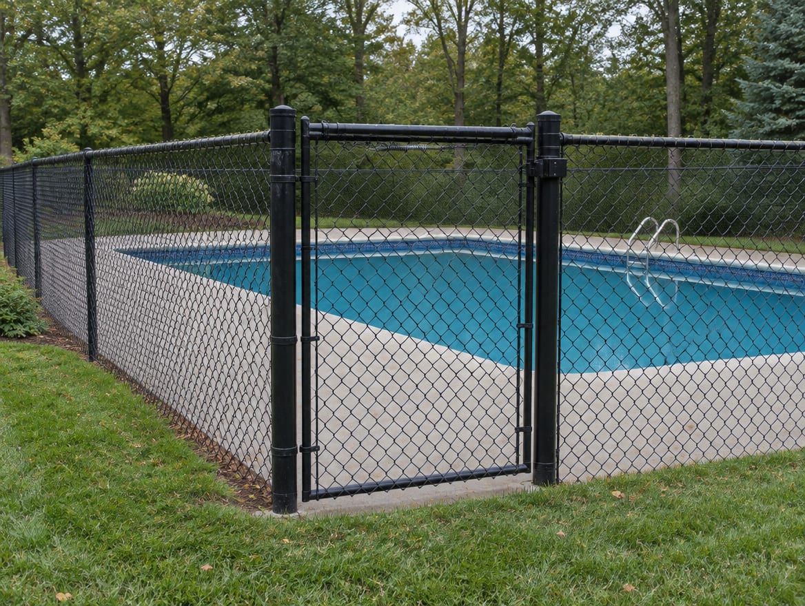 Finished chain link fence with a closed gate enclosing a backyard pool