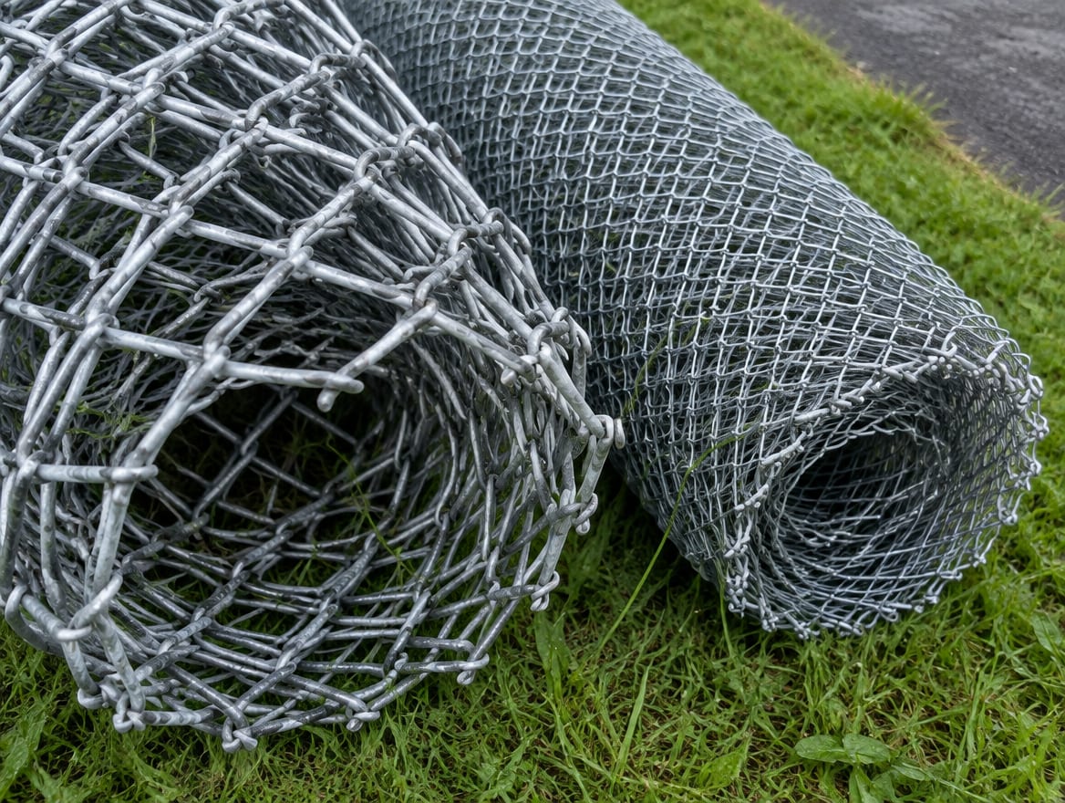 Two rolls of chain link fabric with different diamond sizes standing side by side