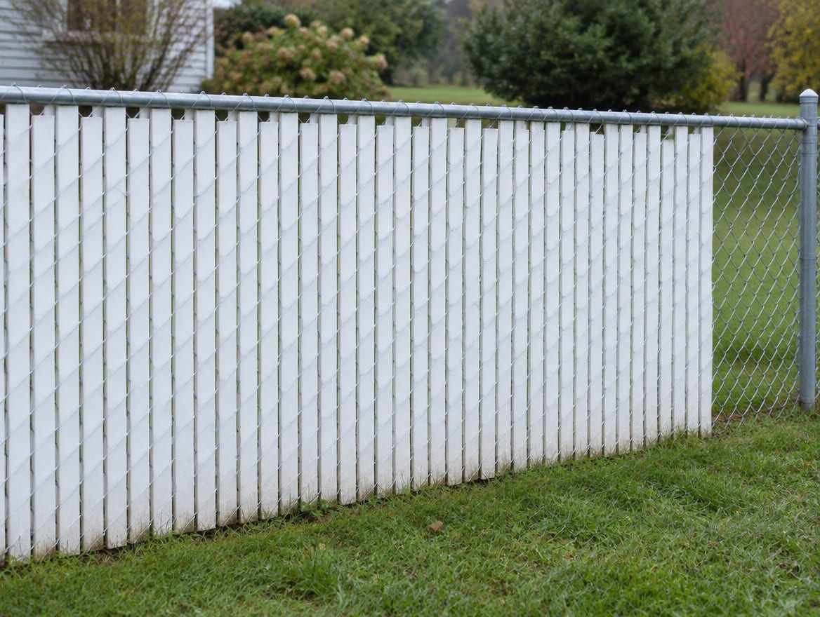 Chain link fabric with white PVC slats threaded through the diamonds