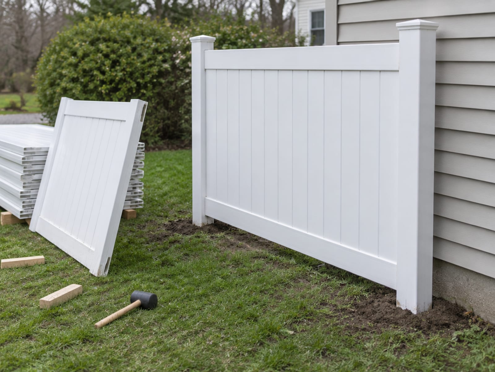 Two workers setting a vinyl fence panel between posts beside a house