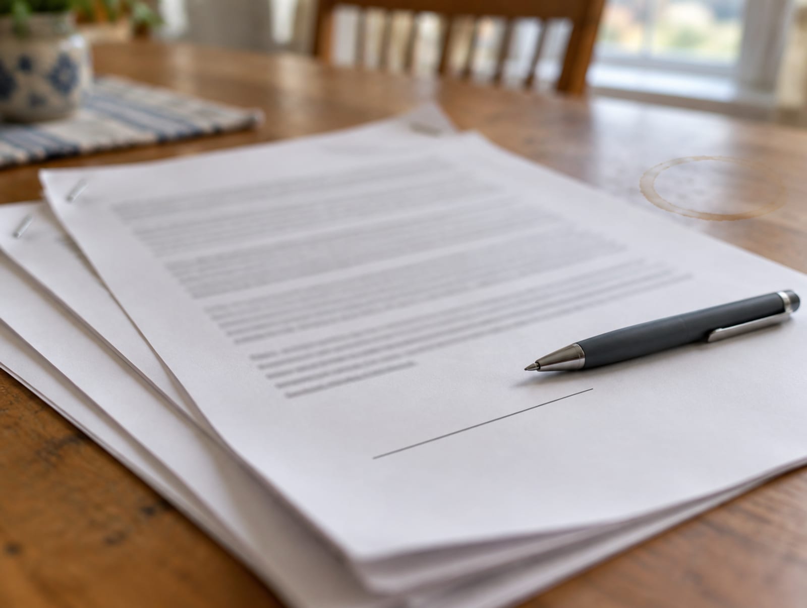 Pages of a home improvement contract on a table with a pen beside the signature line