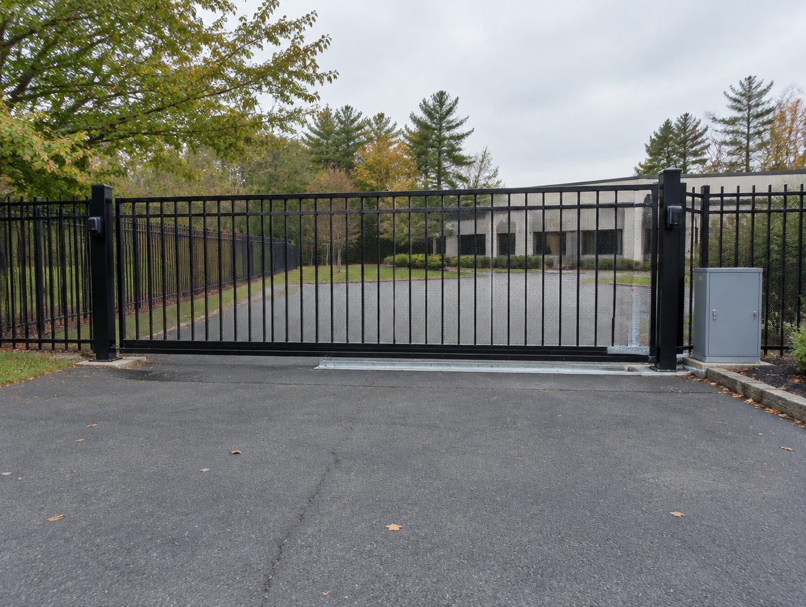 A finished commercial perimeter fence with a closed slide gate and photo eyes at a business entrance