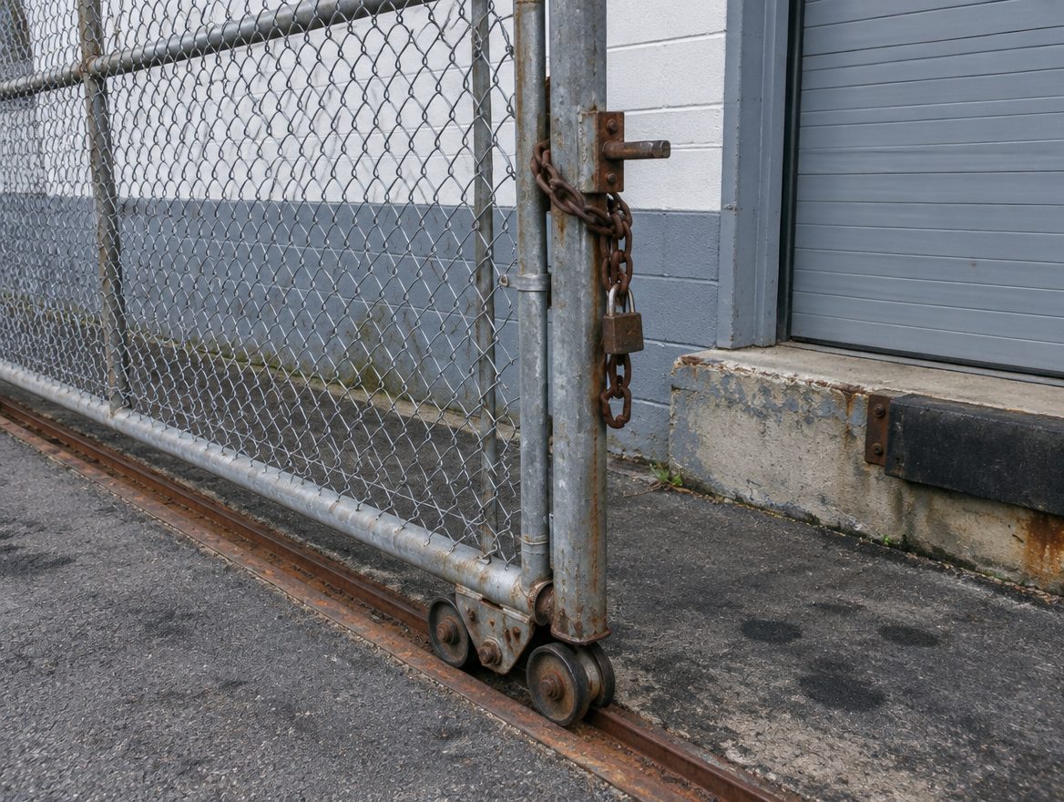 A worn chain link perimeter fence and a rolling gate beside a loading dock on a commercial lot
