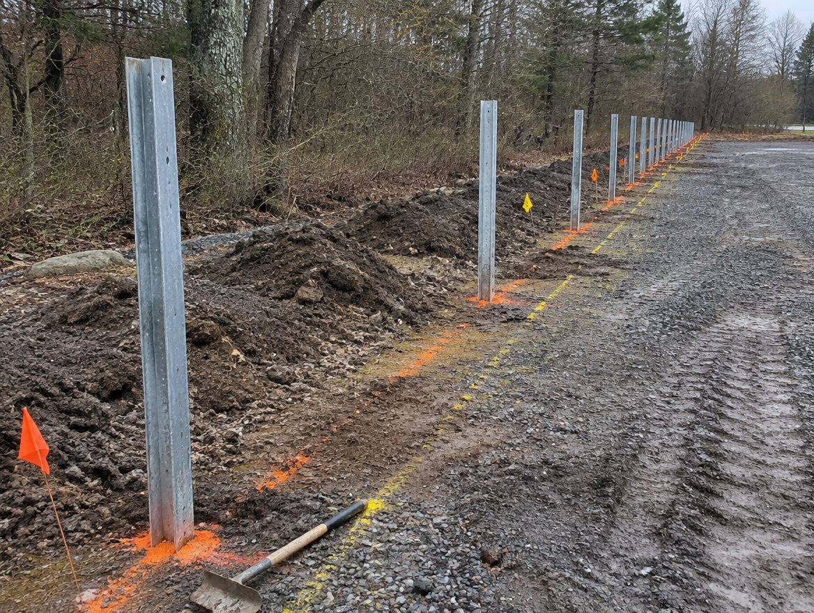 Crew members setting posts along a commercial lot line beside orange utility mark-out paint