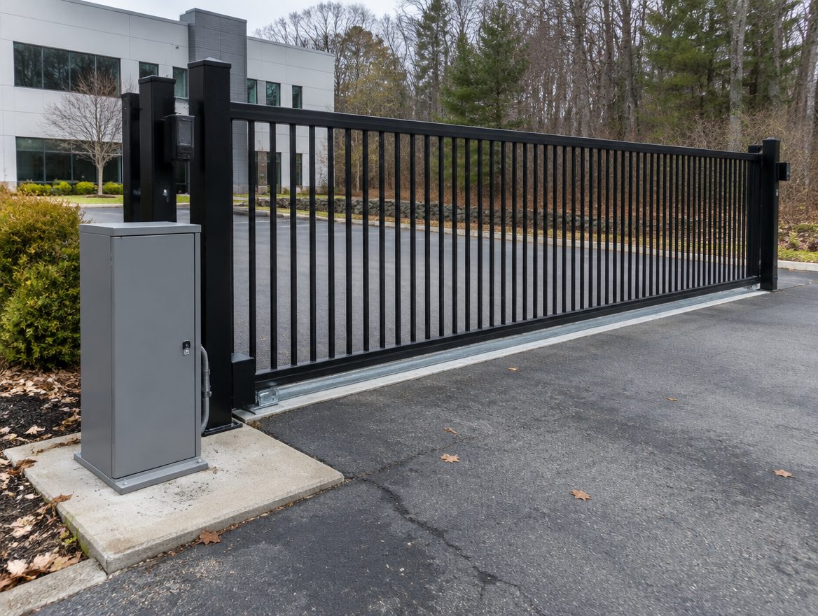 A new commercial slide gate with an operator cabinet and monitored photo eyes mounted on the gate posts