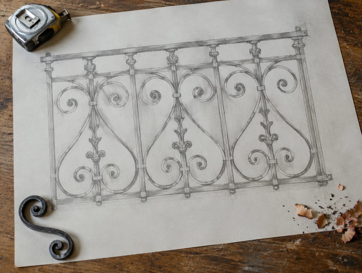 A hand-drawn elevation of an ornamental iron fence with scrolled panels laid beside a tape measure on a work table