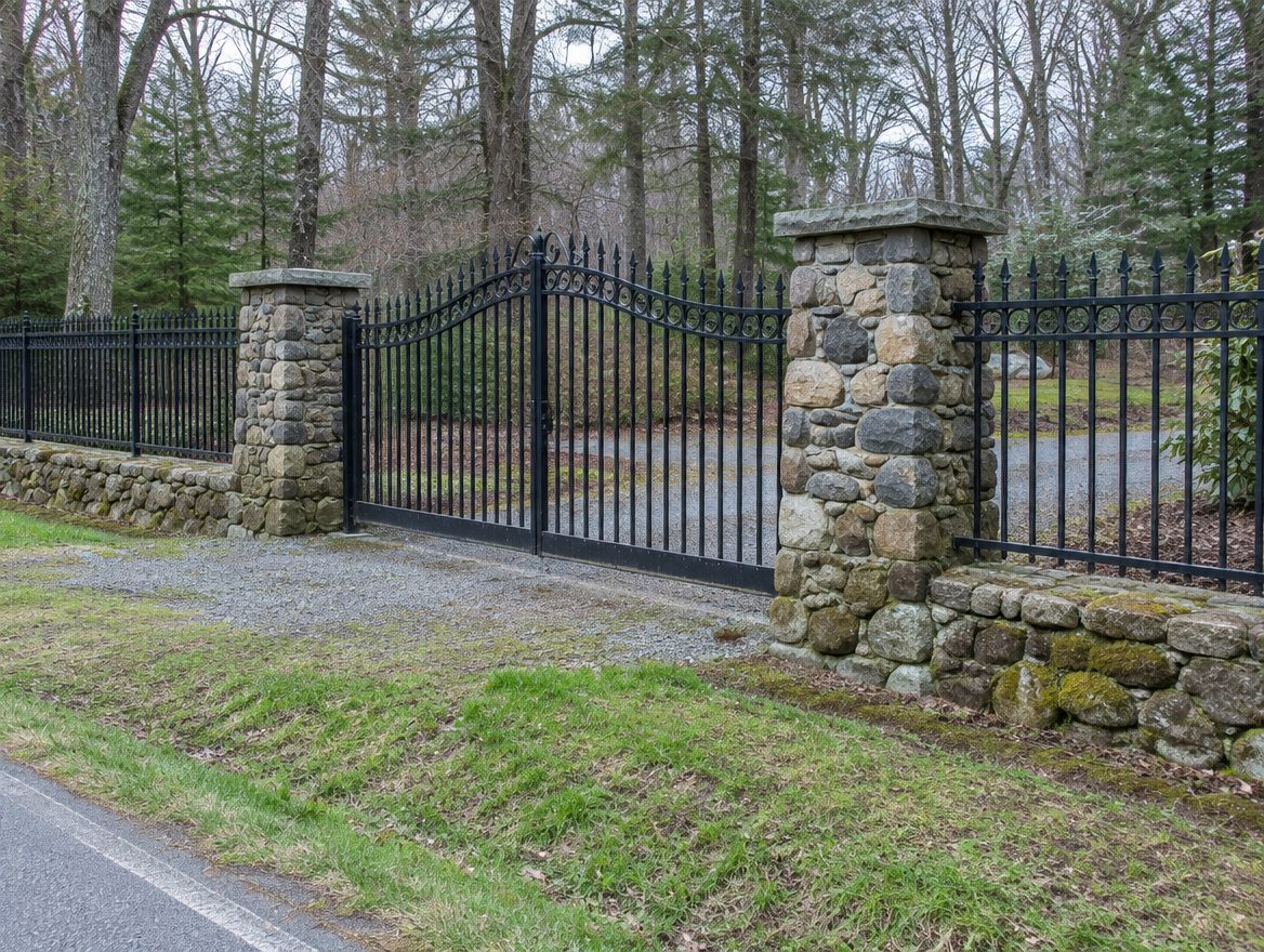A finished black ornamental iron fence with a matching double gate between two fieldstone pillars