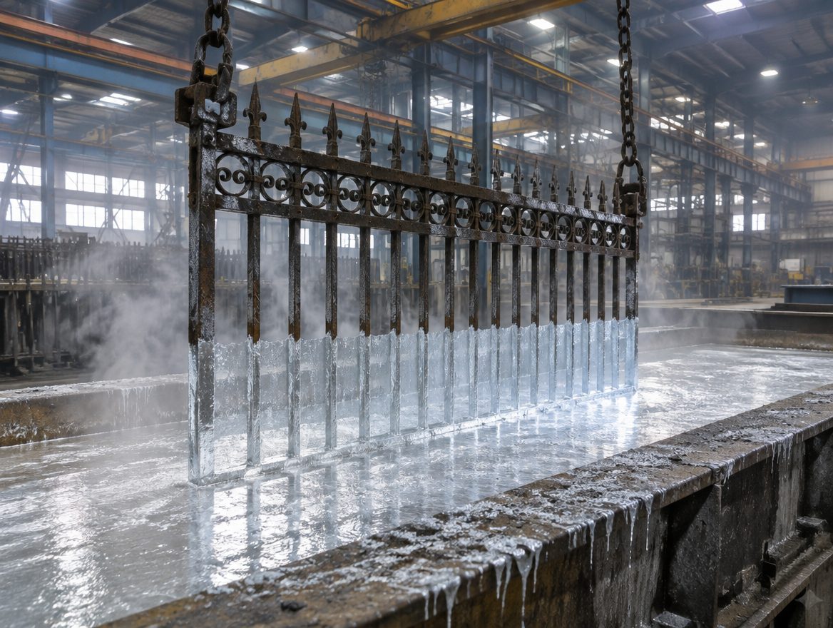 A fabricated steel gate panel being dipped from a hoist into a galvanizing tank