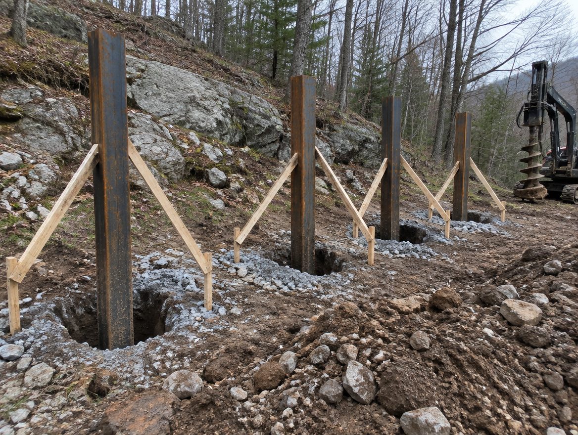 Four heavy steel gate posts standing in drilled footing holes on a rocky slope before concrete is placed