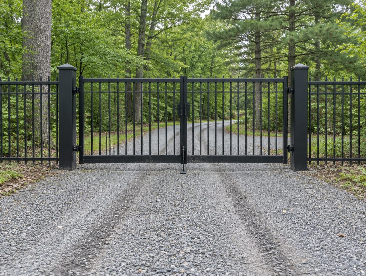 A finished double driveway gate closed between two gate posts in a six-foot fence