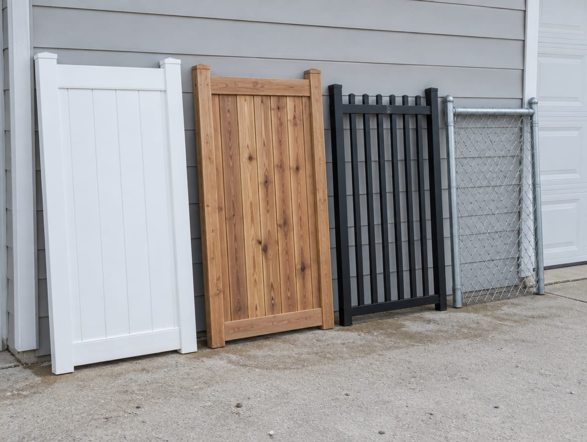 Short sample sections of vinyl, wood, aluminum and chain link fence leaning against a garage wall